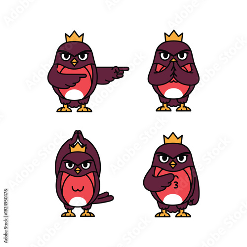 Cartoon bird characters with different emotions wearing crowns on white background