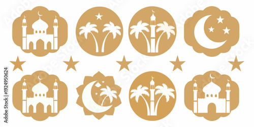 Golden islamic motifs featuring mosques palms crescents and stars