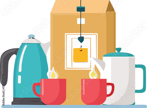 Design a simple vector beverage pack with tea bags, kettles, and mugs.