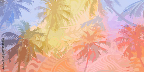 A vibrant colorful painting of palm trees and a tropical sunset