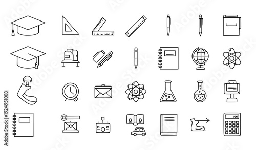 Academic Supplies Outline Icons – Graduation Cap, Pen, and Ruler Vector