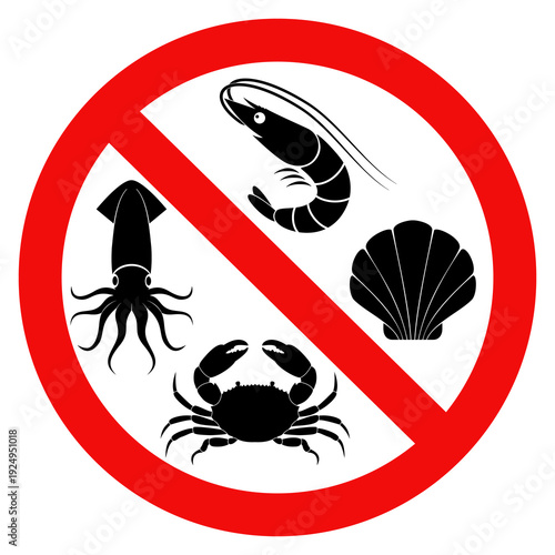 No seafood sign, Prohibition no seafood containing meals, for allergy menu food. Flat vector illustration design