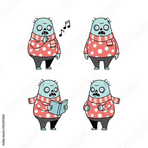 Cartoon zombie characters expressing emotions in red and white outfits