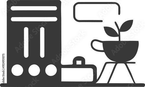 Modern workspace with a computer, plant, and coffee setup