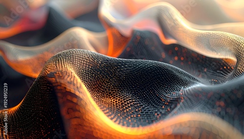 Abstract wavy composition with flowing, interconnected particles, vibrant orange highlights