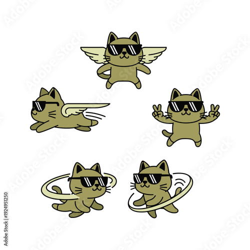 Cartoon cats wearing sunglasses and flying with dynamic poses in a playful style