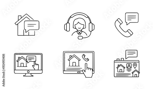 Property Support and Chat Outline Icons – Real Estate Communication Vector Set