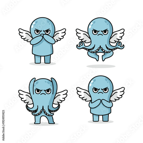 Angry octopus with wings in different poses on white background