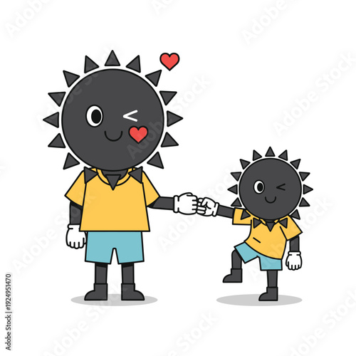 Cartoon sun characters holding hands with love and happiness