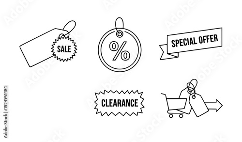 Sale Tag Outline Icon Set – Discount Offer Marketing Vector
