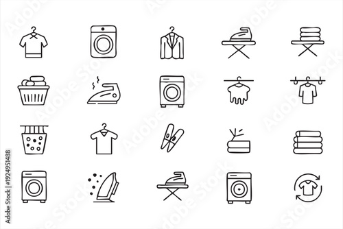 Laundry and Clothes Care Line Icons for Household Cleaning Design