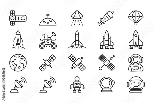 Space Exploration Outline Icons with Astronaut and Rocket Symbols