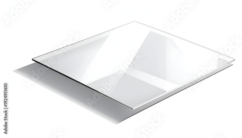 Transparent, rectangular glass sheet with a slight shadow, isolated on white background