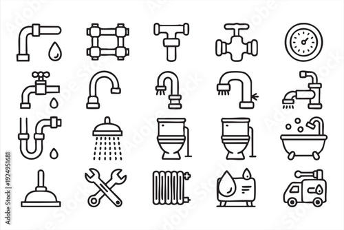 Bathroom Plumbing Outline Icons with Faucet and Shower Symbols