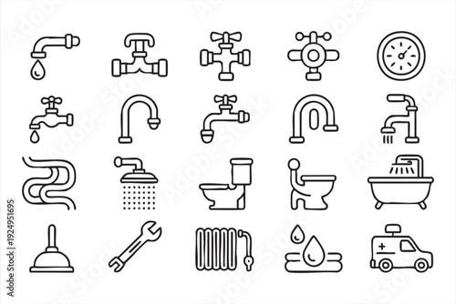 Plumbing and Water Pipe Fixture Line Icons for Home Repair