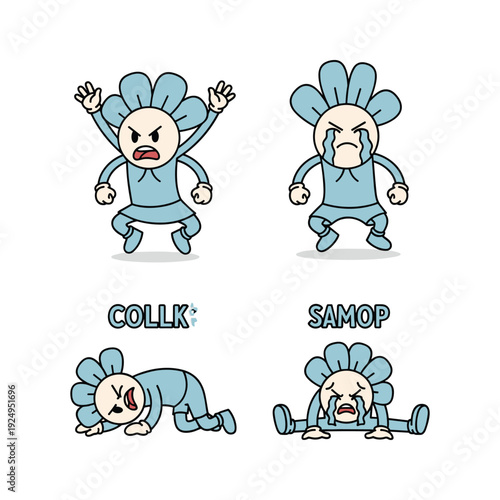 Cartoon character expressing different emotions with dynamic poses and facial expressions
