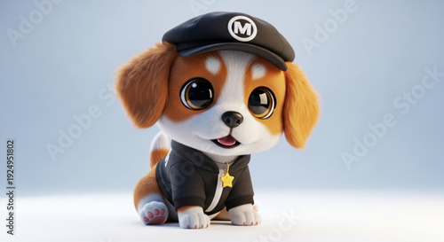 Cute cartoon dog wearing black cap and jacket on white background adorable expression