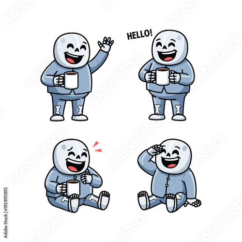 Cartoon character set showing various emotions and actions with a tablet