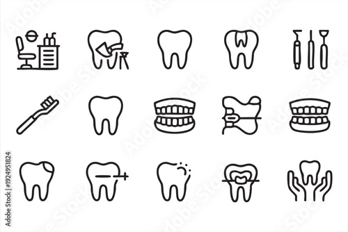 Dental Treatment Line Icons for Tooth Care and Dentistry Services