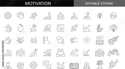 Motivation and Success Line Icon Set: Personal Growth, Achievement, Goal Setting, Inspiration, and Positive Mindset Thin Line Vector Illustration with Editable Stroke.