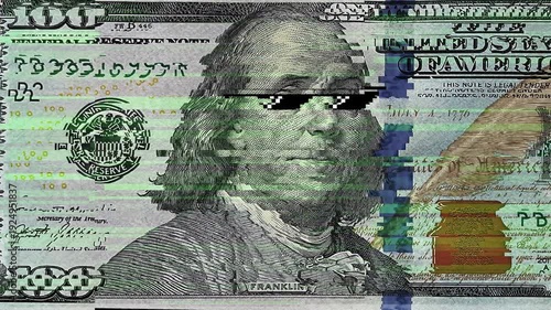 Modern creative video with One hundred USD bill in pop art style. Animation of dollar banknote with Benjamin Franklin in pixel sunglass. Glitch effect