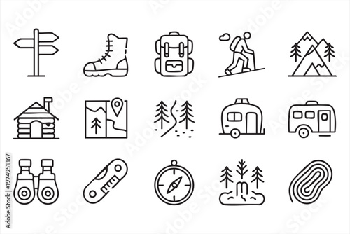 Camping and Hiking Outdoor Adventure Line Icons for Travel Design