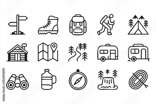 Outdoor Adventure and Camping Icons for Nature Exploration