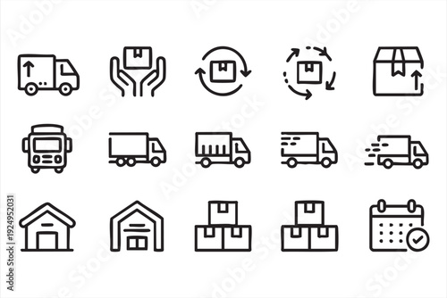Shipping and Warehouse Outline Icons with Truck and Parcel Symbols