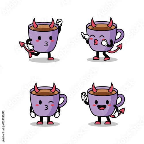 Cartoon coffee cups with devil horns and tails in various poses and expressions
