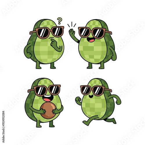 Cartoon avocados wearing sunglasses and expressing different emotions on white background