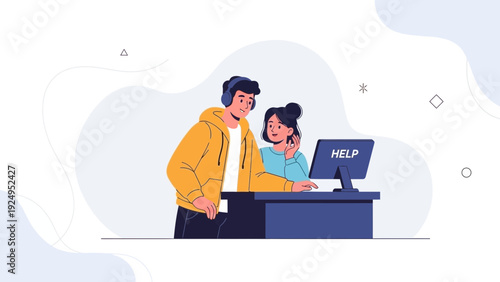 Young people receiving online support or guidance on computer