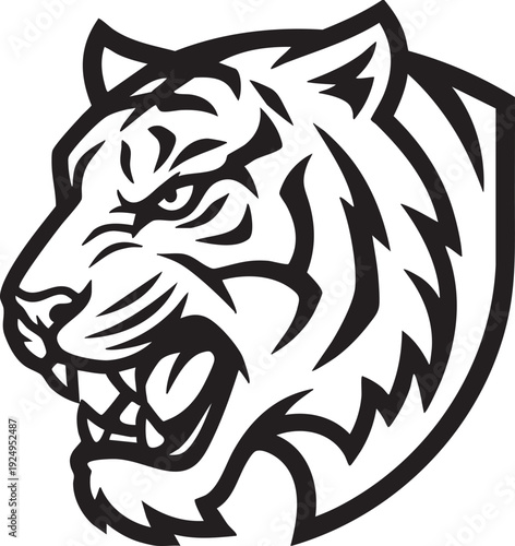 A fierce monochrome tiger's head showcasing its bold nature and majestic presence, perfect for illustrations. 
