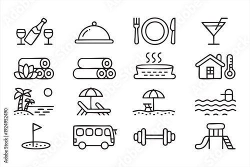 Outline wellness and vacation icon collection featuring beach, pool, fitness and hospitality elements
