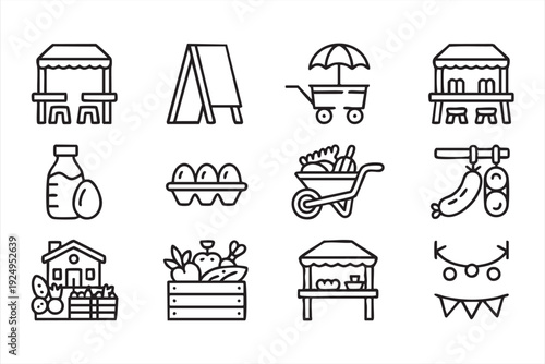Minimal farmers market line icon set with organic food, produce stalls and grocery symbols for UI design