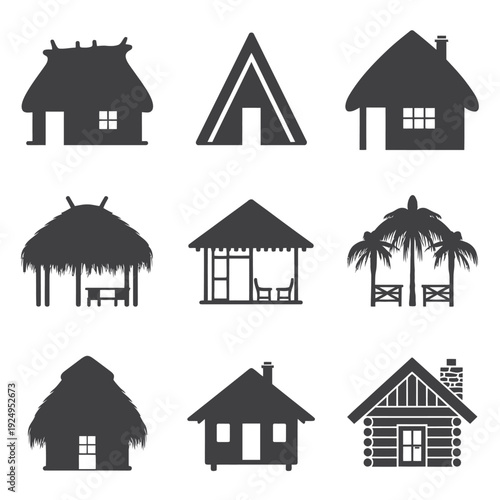 Diverse styles of traditional and rustic houses illustrated in silhouette form isolated on white background, Vector, illustration