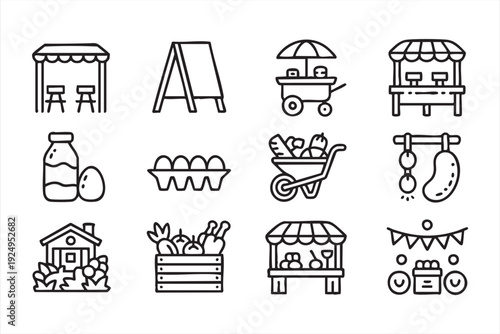 Outline farm food and local market icon collection for grocery apps and healthy lifestyle branding