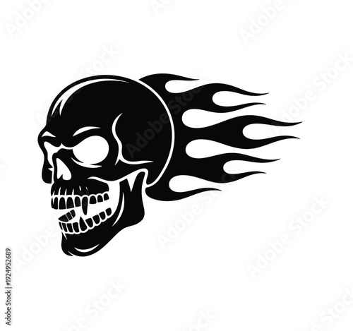 Dynamic black skull graphic with fiery motion effect on the right side isolated on white background, Vector, illustration