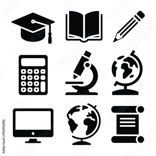Icons representing various academic and educational tools and subjects isolated on white background, Vector, illustration