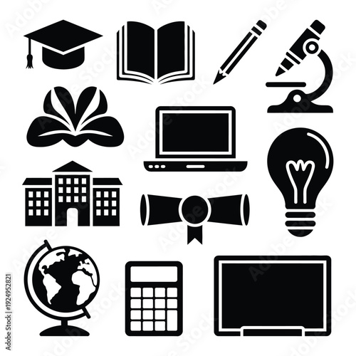 Iconic symbols representing education, technology, and global learning concepts isolated on white background, Vector, illustration