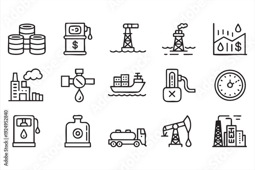 Minimal oil and energy line icon set with refinery, drilling and fuel production symbols for UI design
