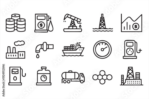 Outline petroleum and energy industry icon collection for industrial dashboards and analytics platforms