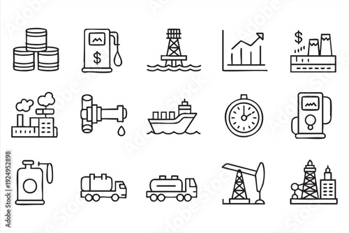 Energy production icon pack with refinery, tanker and drilling symbols for business applications