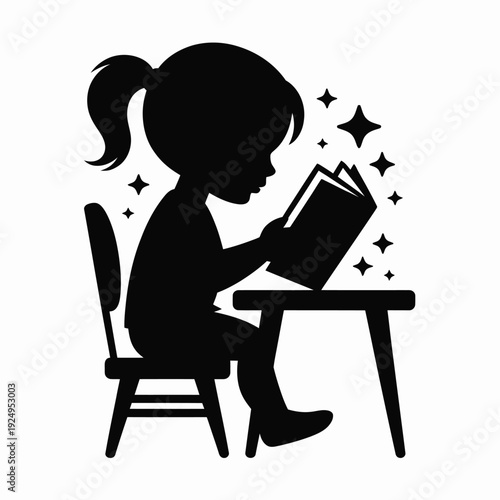 A young girl engrossed in reading a book at a small wooden desk with magical sparkles around her. isolated on white background, Vector, illustration