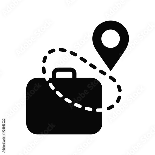 A sleek suitcase icon connected to a location pin with a dotted path. isolated on white background, Vector, illustration