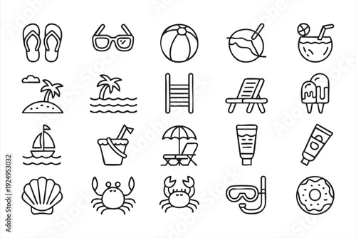 Minimal summer beach line icon set with tropical vacation and seaside leisure symbols for UI design