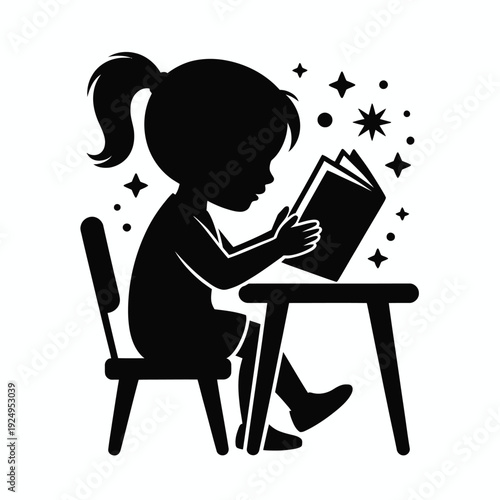 Young girl engrossed in reading a book under magical starry lights isolated on white background, Vector, illustration