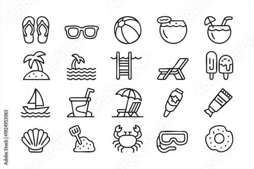 Outline beach and holiday icon collection featuring travel, drinks and ocean lifestyle elements
