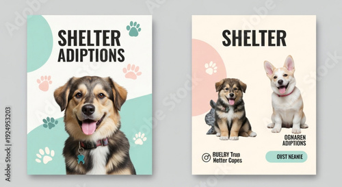 Animal shelter adoption posters with cute dogs and paw prints on colorful backgrounds