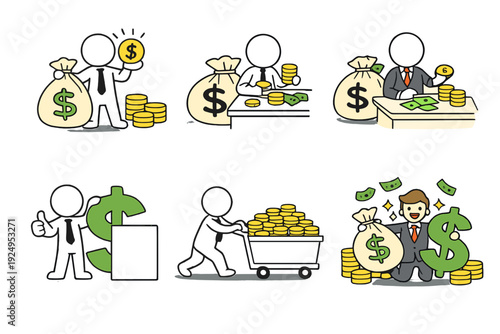 Six finance doodle illustrations: holding coin, counting cash at table, businessman at desk, pushing cart of coins, thumbs up beside dollar sign, and rich success scene on white.