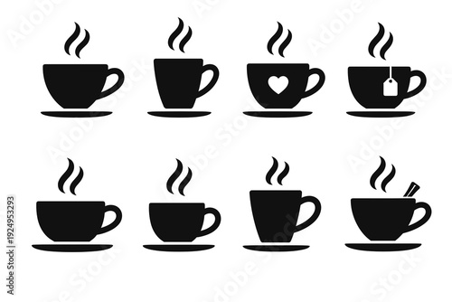 Minimal black steaming cup silhouettes in different shapes, including mug with heart, tea bag tag, and spoon. Clean monochrome beverage icons for cafe menus, packaging, branding, and UI.